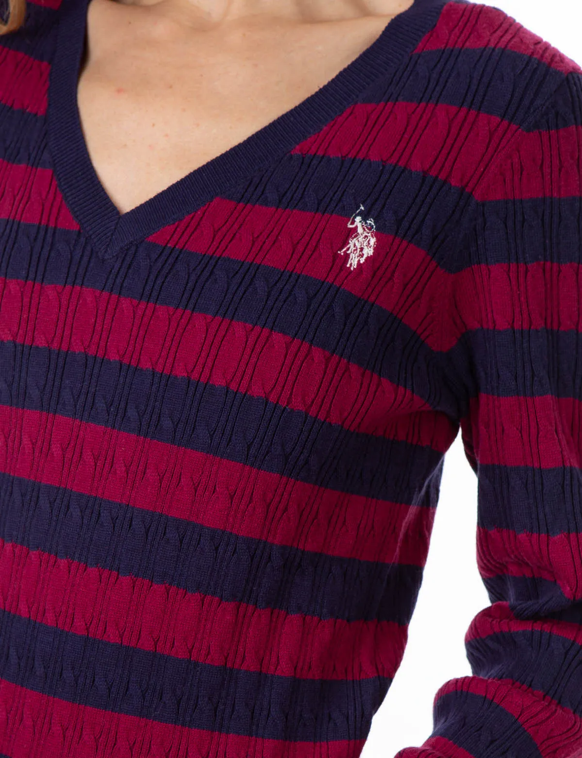 V-NECK STRIPE CABLE SWEATER