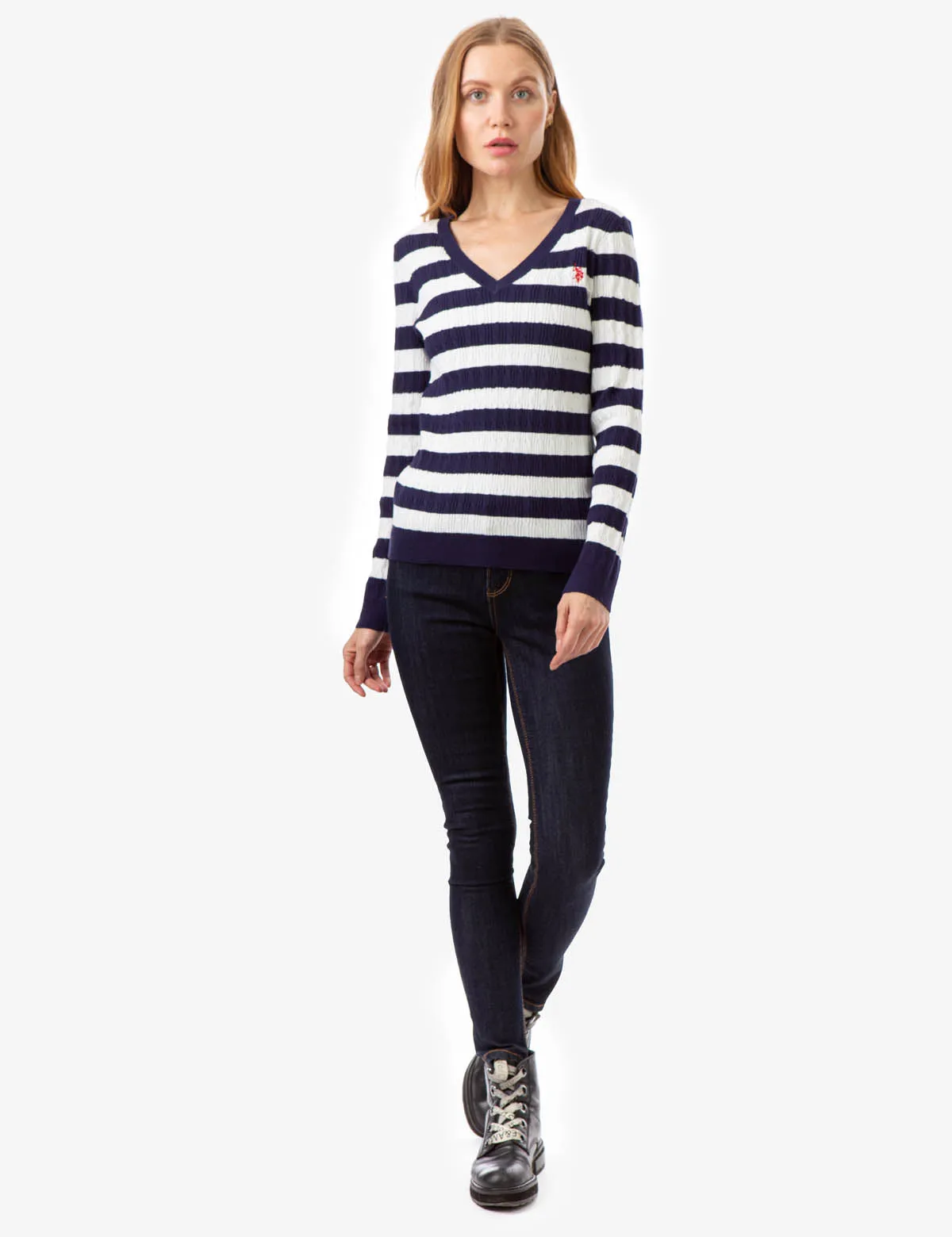 V-NECK STRIPE CABLE SWEATER