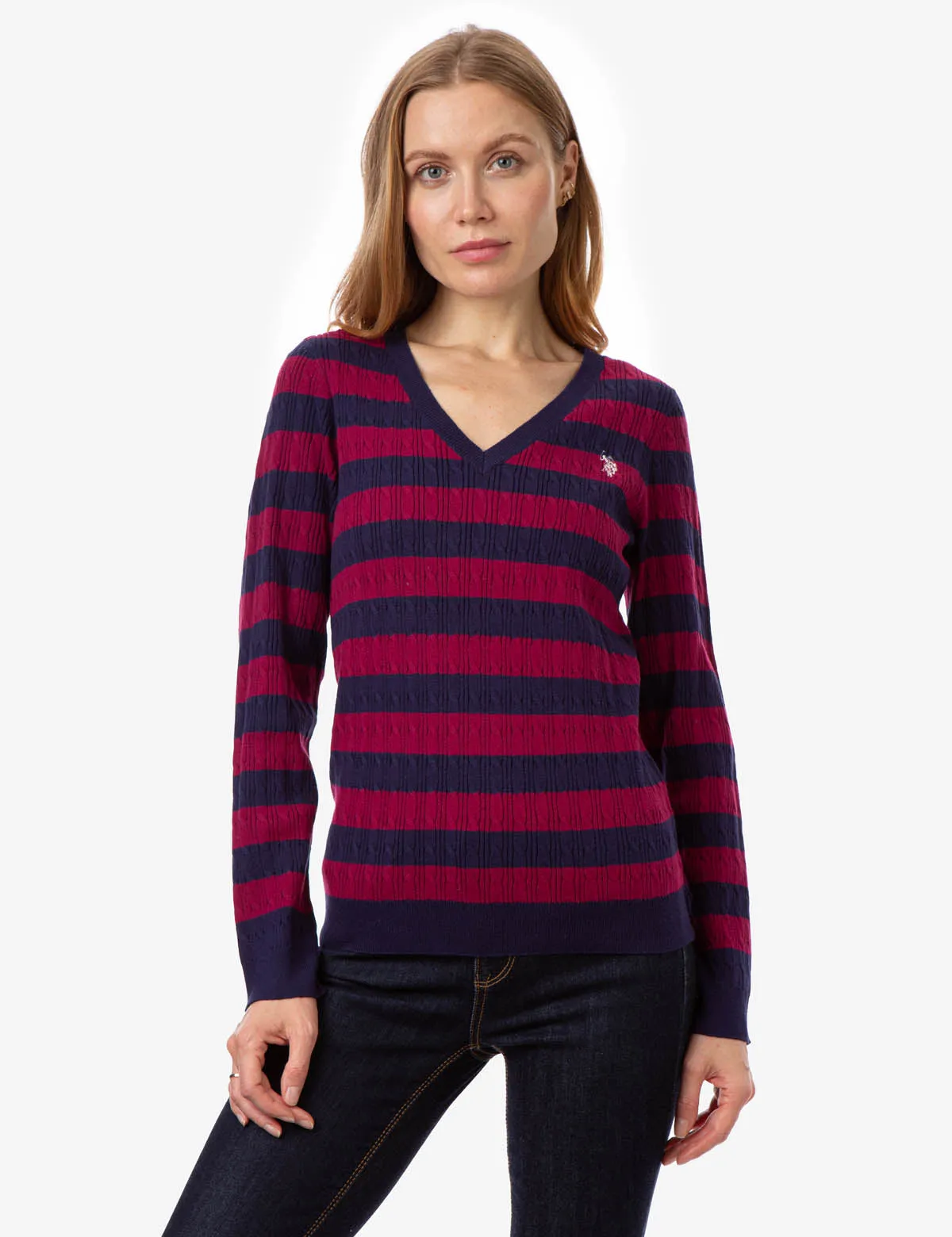 V-NECK STRIPE CABLE SWEATER