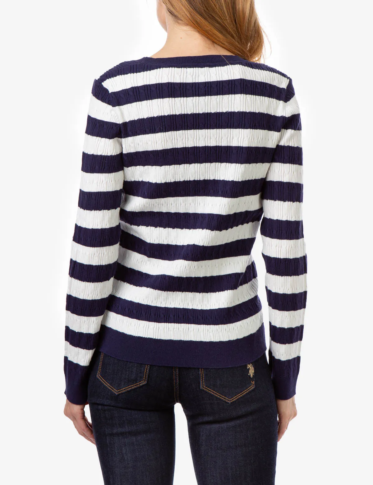 V-NECK STRIPE CABLE SWEATER