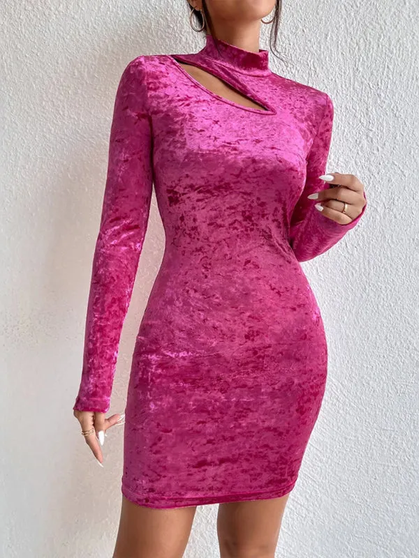 Velvet Mini Dress with Hollow-Out Neckline and Slimming Fit