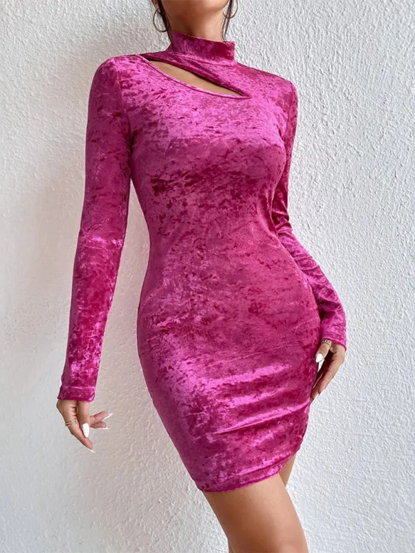 Velvet Mini Dress with Hollow-Out Neckline and Slimming Fit