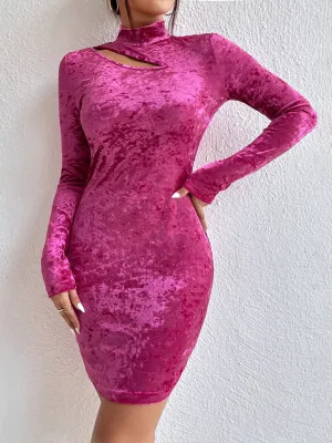 Velvet Mini Dress with Hollow-Out Neckline and Slimming Fit