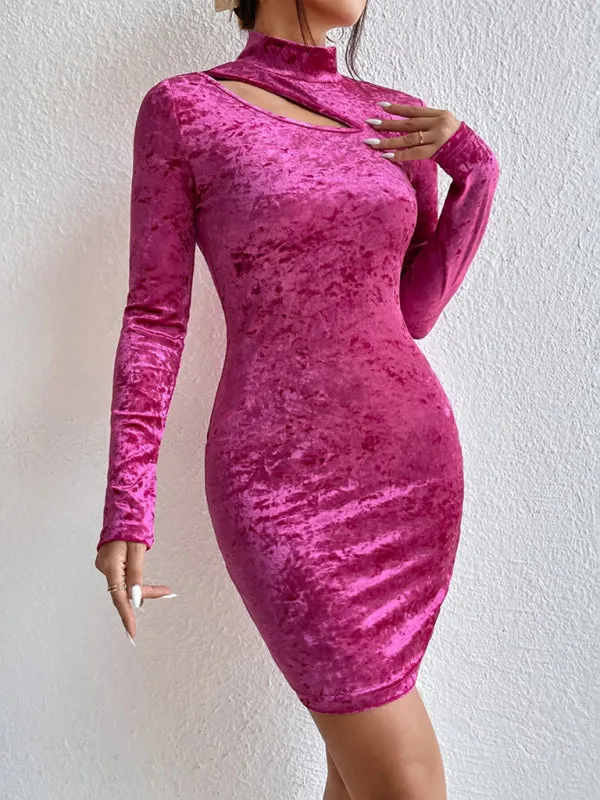 Velvet Mini Dress with Hollow-Out Neckline and Slimming Fit