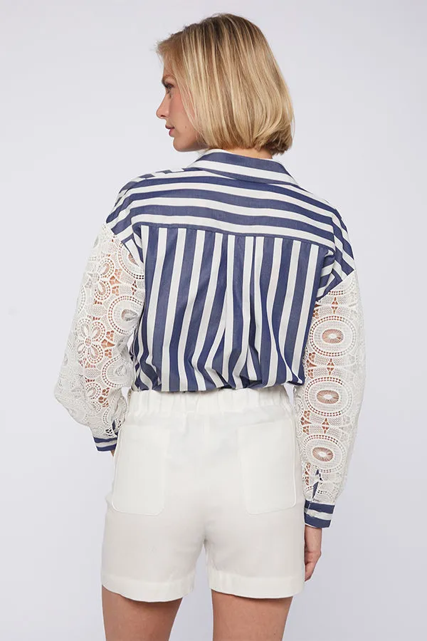 VERNEN WHITE LACE SLEEVES STRIPED SHIRT