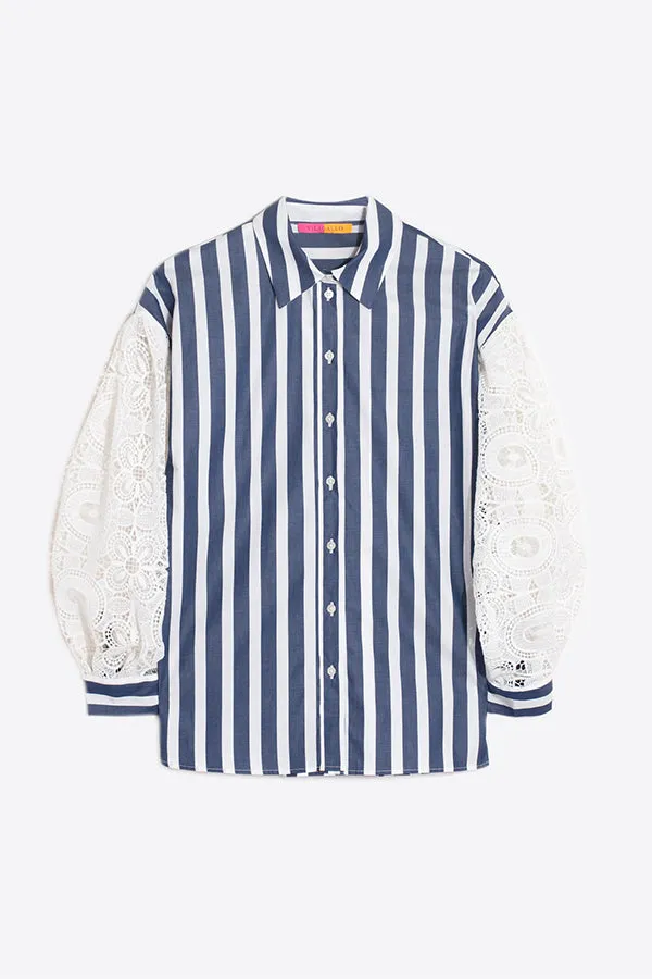 VERNEN WHITE LACE SLEEVES STRIPED SHIRT
