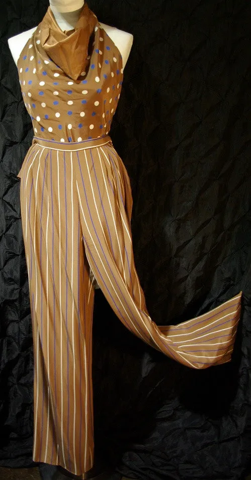 Vintage Bill Blass 4 Piece Silk Cocktail Suit with Palazzo Pants, Blouse, and Sash