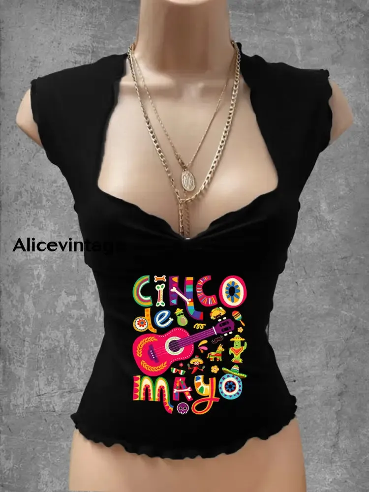 Vintage Mexican Floral Art Print V-Neck Casual Top