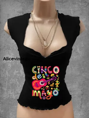 Vintage Mexican Floral Art Print V-Neck Casual Top