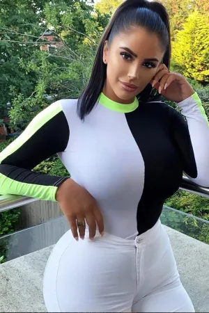 White Black and Neon Green Contrast Long Sleeved Bodysuit - Lareen