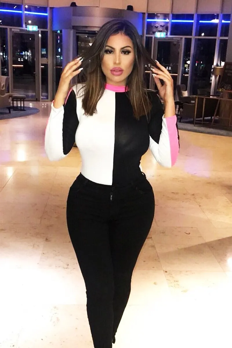 White Black and Neon Pink Contrast Long Sleeved Bodysuit - Lareen