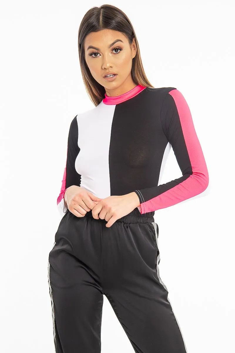 White Black and Neon Pink Contrast Long Sleeved Bodysuit - Lareen