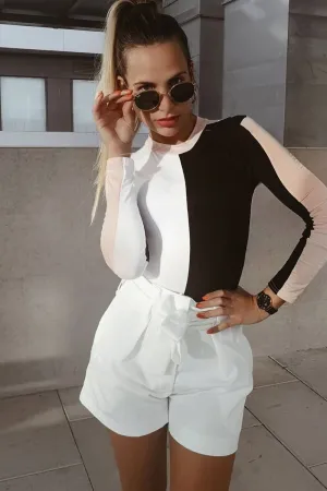 White Black and Nude Contrast Long Sleeved Bodysuit - Lareen
