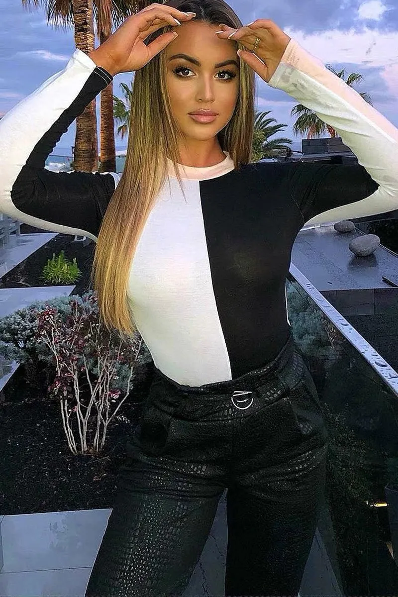 White Black and Nude Contrast Long Sleeved Bodysuit - Lareen