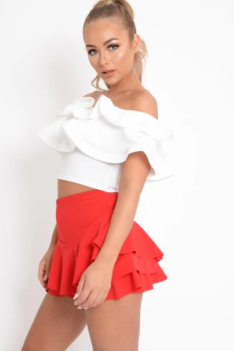 White Extreme Ruffle Bandeau Crop Top - Wilhelmina