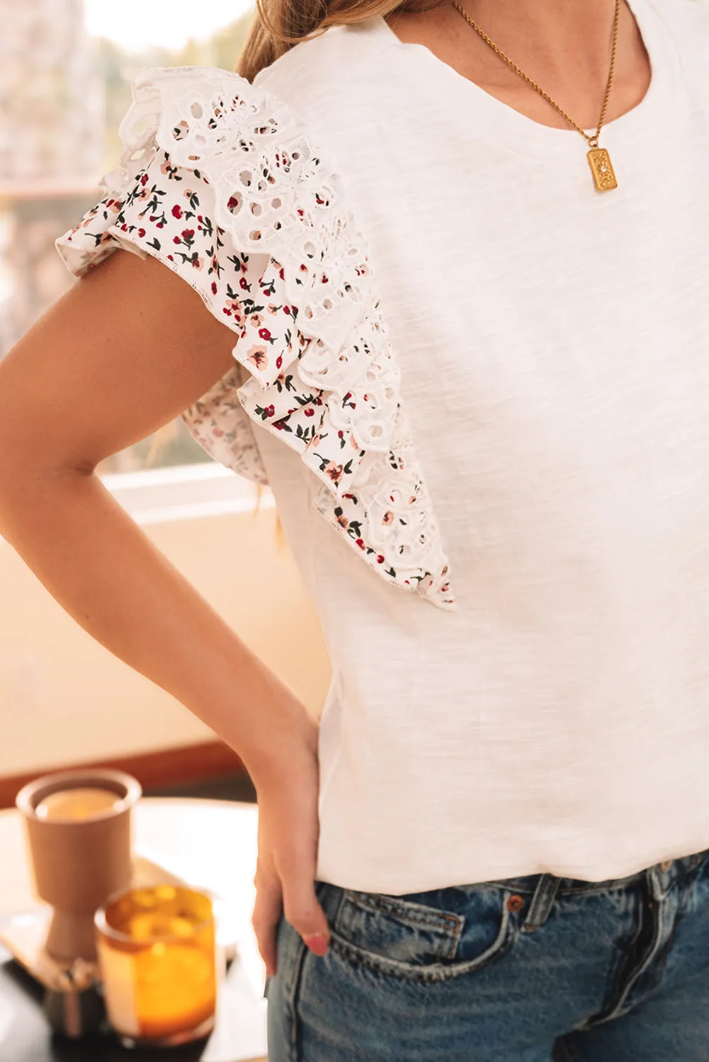 White Floral Lace Eyelet Patched Butterfly Sleeve Blouse