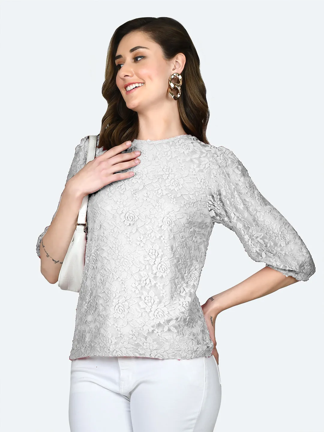 White Lace Round Neck Top
