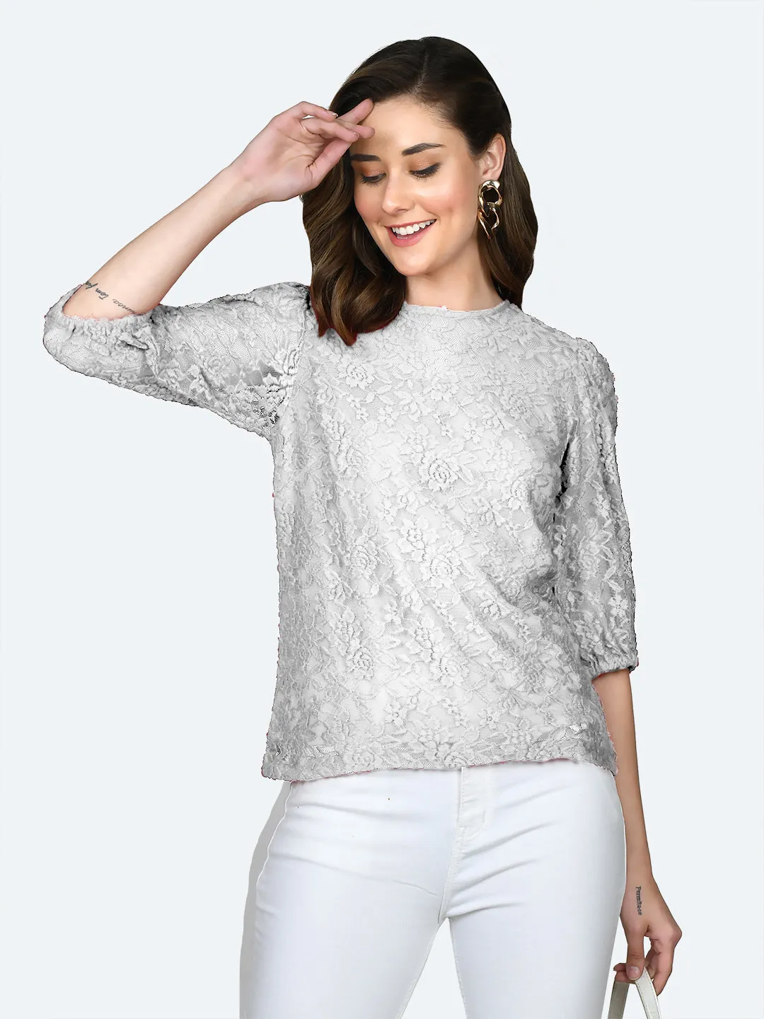 White Lace Round Neck Top