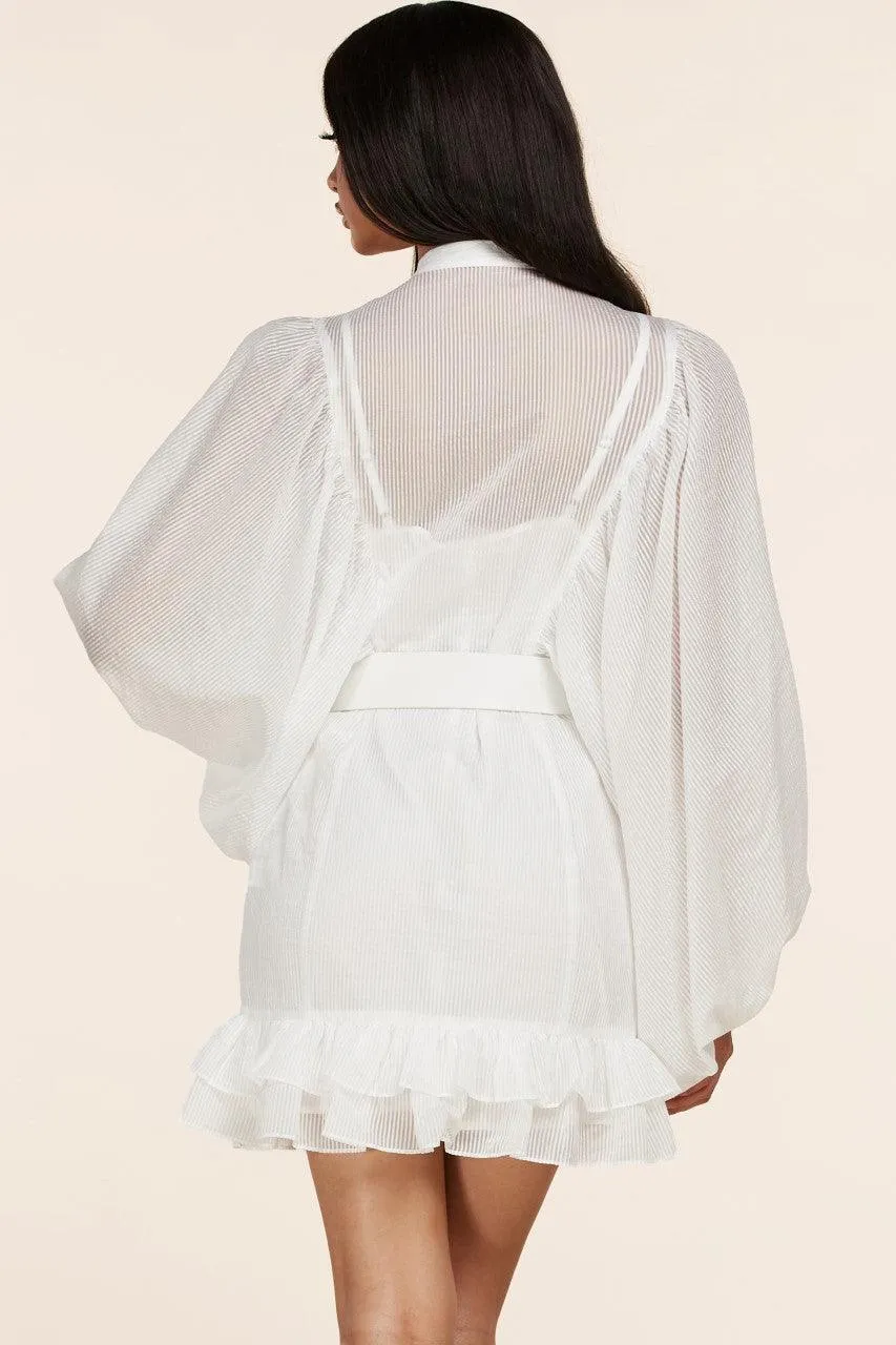 WHITE MINI DRESS WITH RUFFLE TRIM