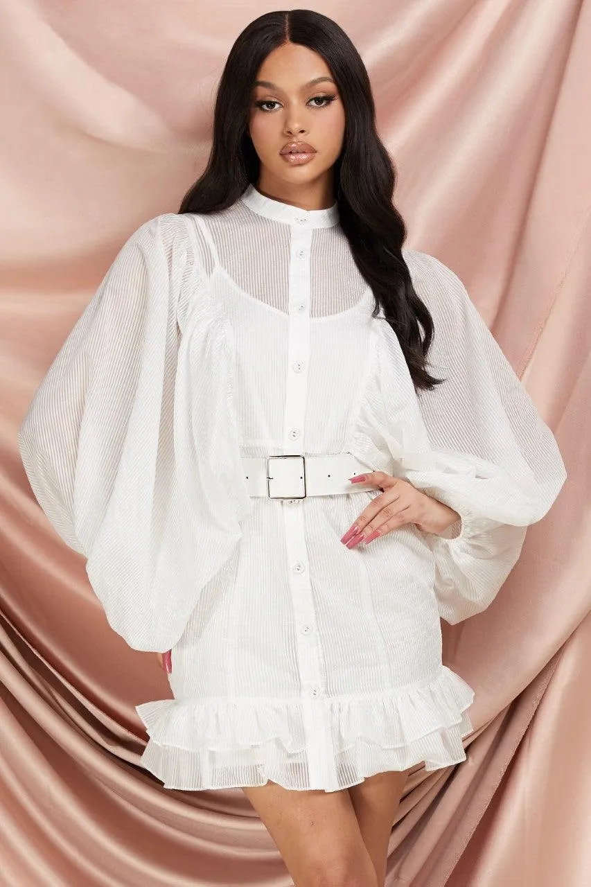 WHITE MINI DRESS WITH RUFFLE TRIM