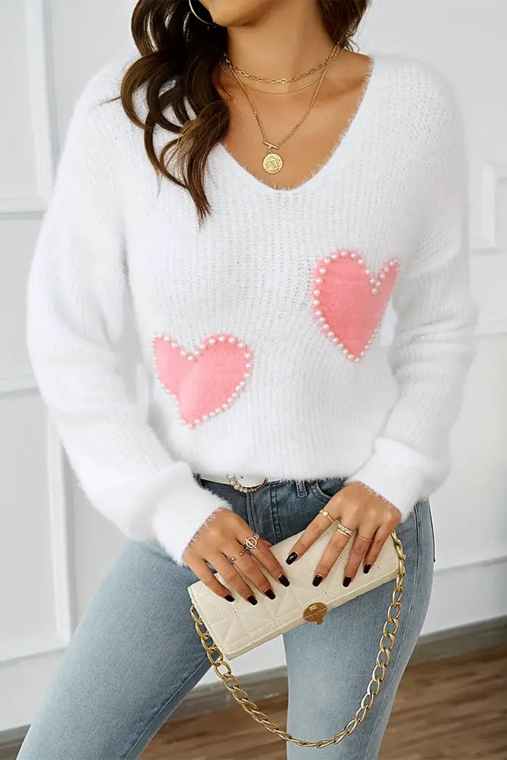 White Pearl Beaded Heart Pattern Fuzzy V Neck Sweater