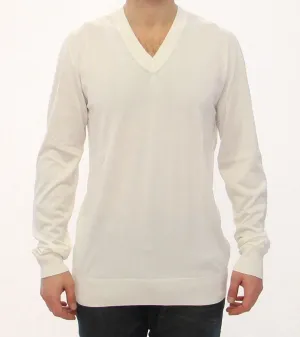 White Silk Logo V-neck Longarm Sweater Top