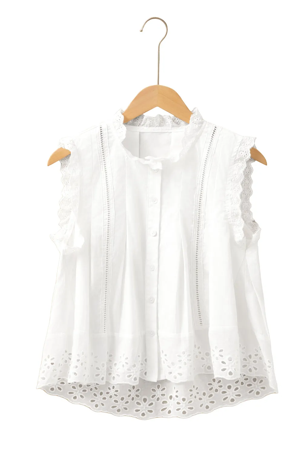White Solid Color Lace Crochet Eyelets Sleeveless Buttoned Shirt