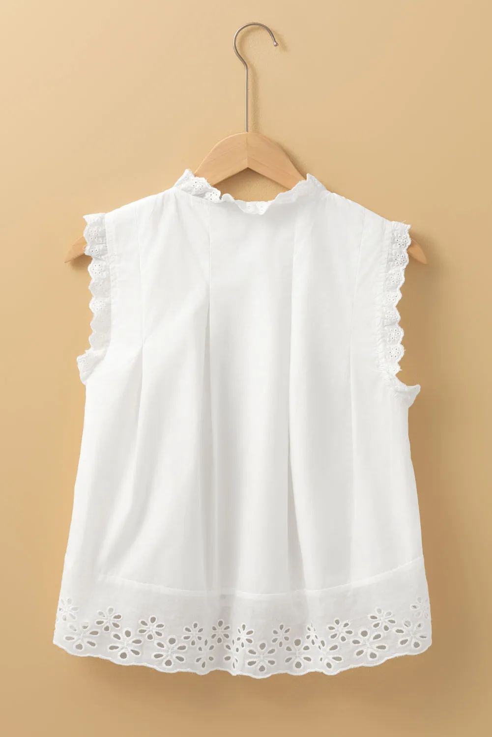 White Solid Color Lace Crochet Eyelets Sleeveless Buttoned Shirt