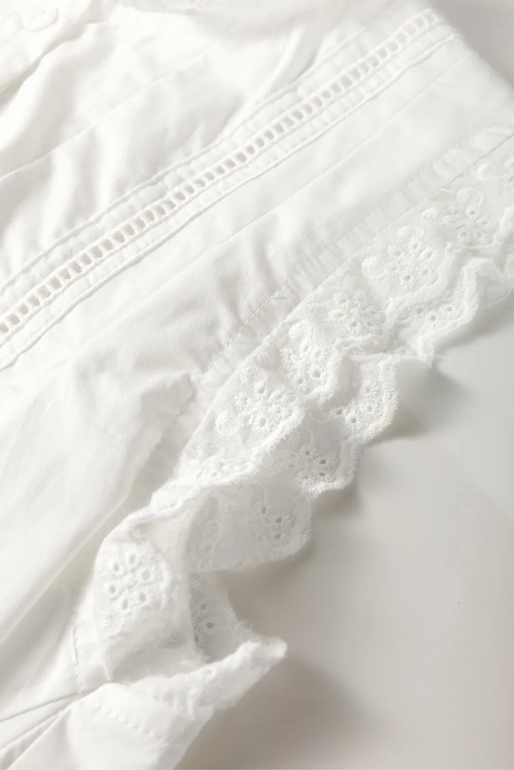 White Solid Color Lace Crochet Eyelets Sleeveless Buttoned Shirt