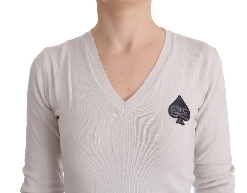 White V-neck Viscose Sweater