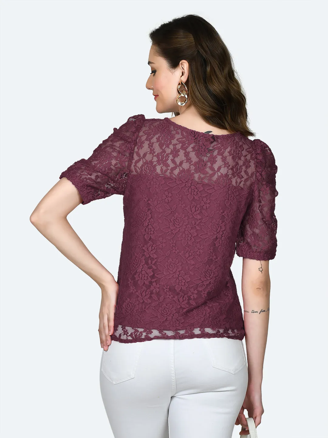 Wine Colored Lace Round Neck Top