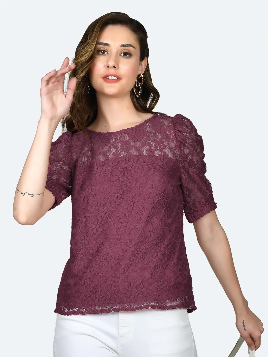 Wine Colored Lace Round Neck Top