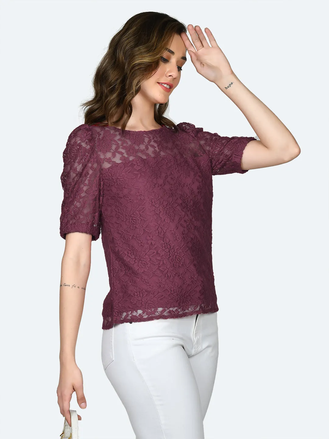 Wine Colored Lace Round Neck Top