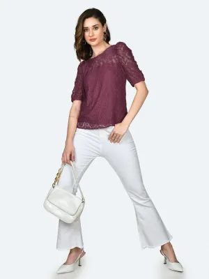 Wine Colored Lace Round Neck Top