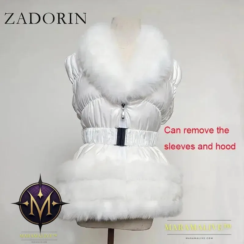 Winter Coat Women New Fashion Faux Fur Coat Detachable Sleeves Hood Duck Down Coats Hooded Black Puffer Jacket Outwear