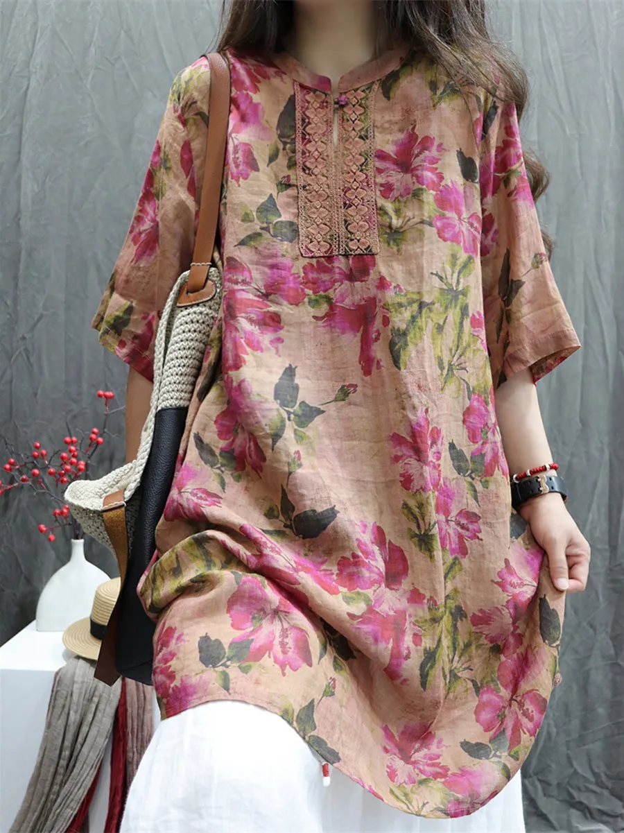 Women Artsy Flower Stand Collar 100%Ramie Shirt