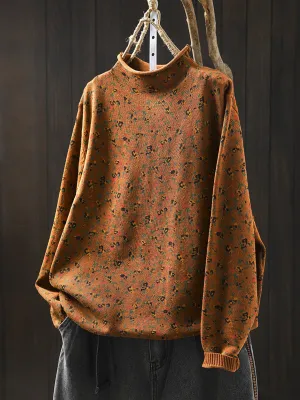 Women Autumn Artsy Floral Half-Turtleneck Knit Sweater