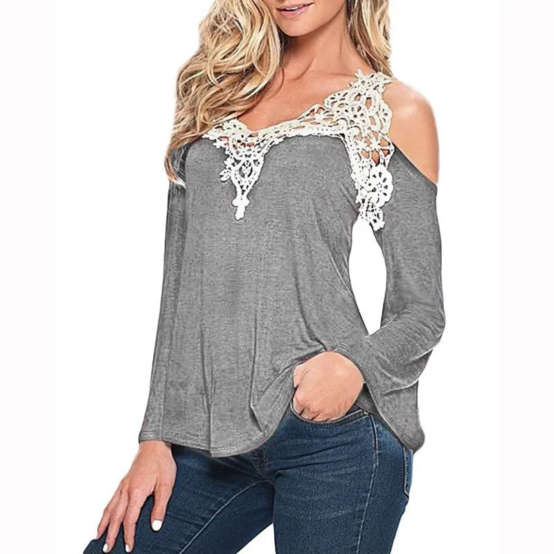 Women Blouses Off Shoulder Blouse Elegant Lace V Neck Shirt Ladies Long Sleeve Tops Plus Size