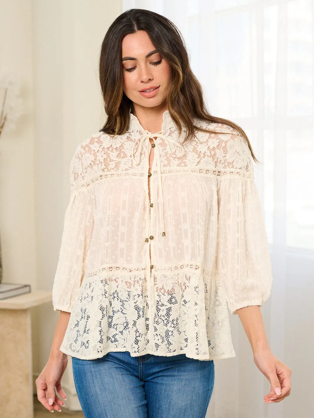 WOMEN'S 3/4 SLEEVE LACE SWISS DOTS BLOUSE TOP