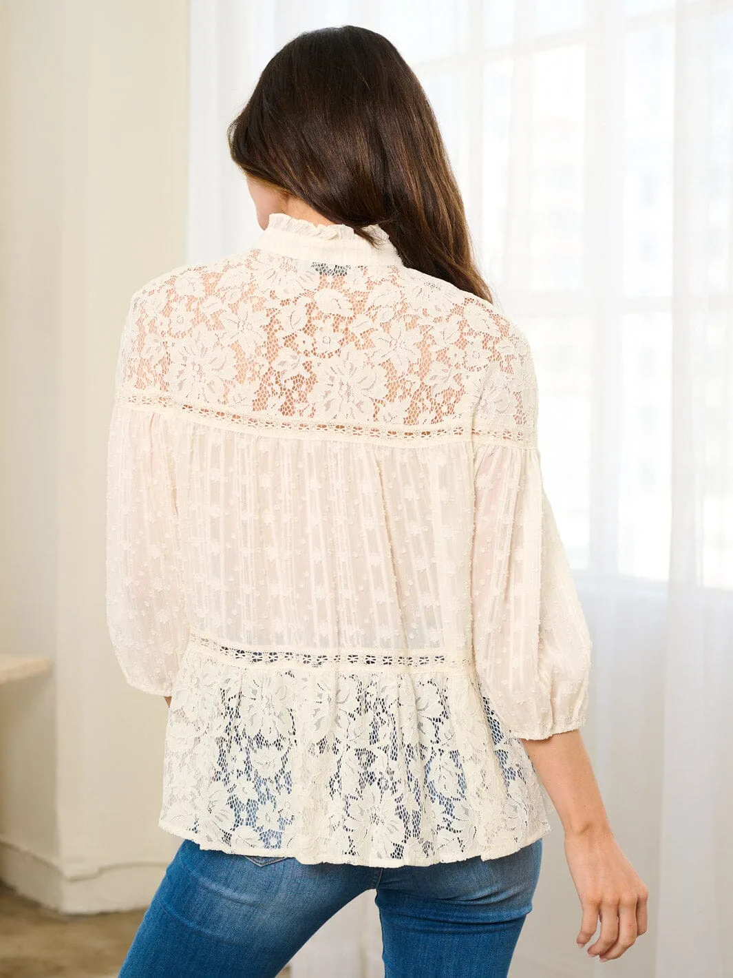 WOMEN'S 3/4 SLEEVE LACE SWISS DOTS BLOUSE TOP
