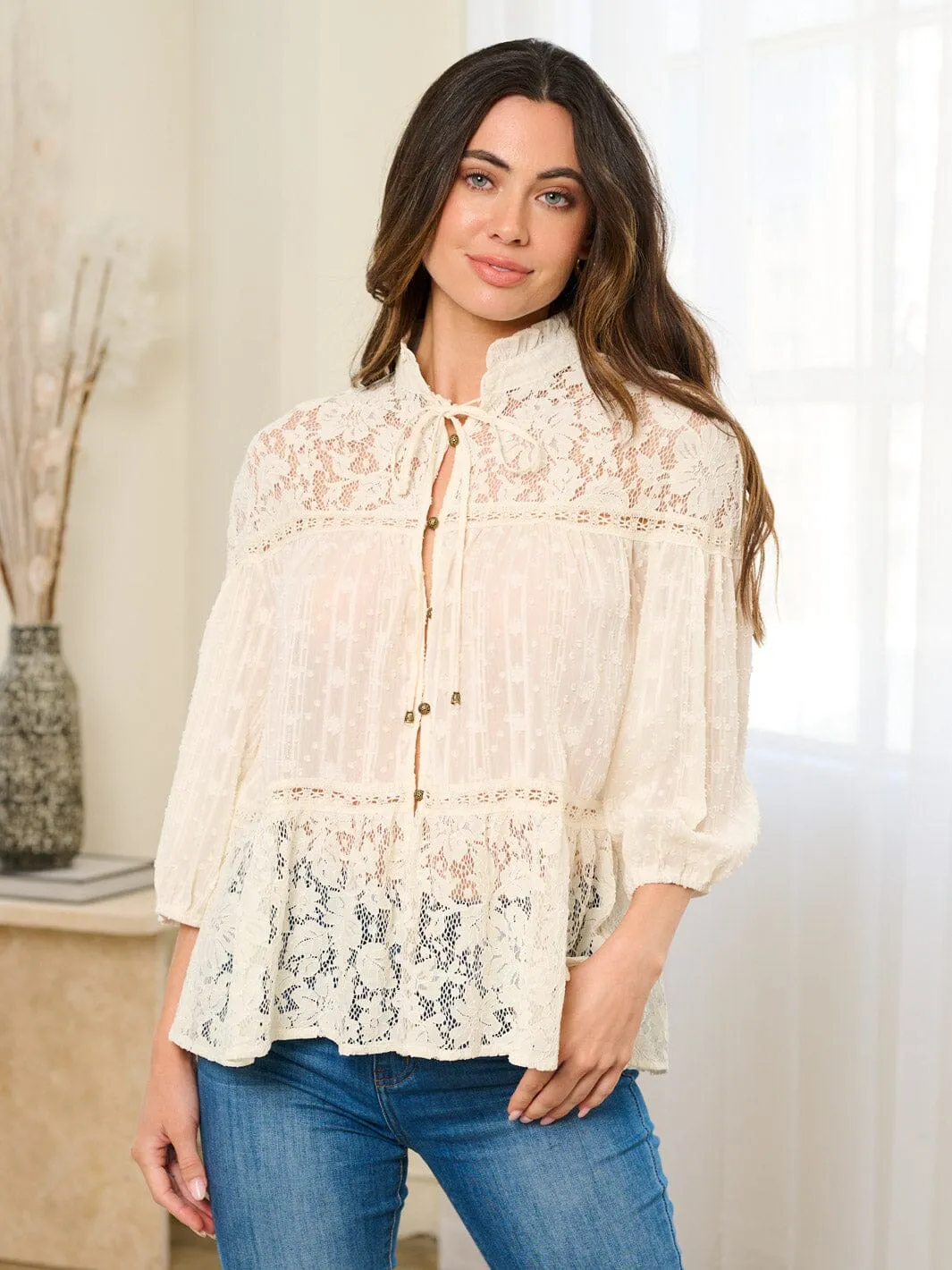WOMEN'S 3/4 SLEEVE LACE SWISS DOTS BLOUSE TOP
