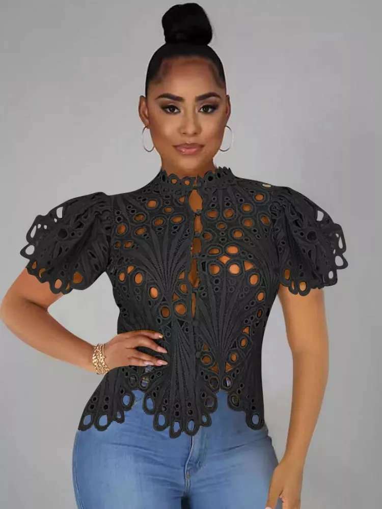 Women's Casual Short Lantern Sleeve Stand Up Collar Shirt Sexy Lace Hollow Out Shirt Blouse Chic Tops