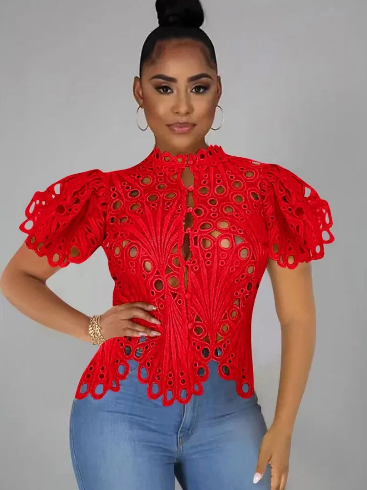 Women's Casual Short Lantern Sleeve Stand Up Collar Shirt Sexy Lace Hollow Out Shirt Blouse Chic Tops