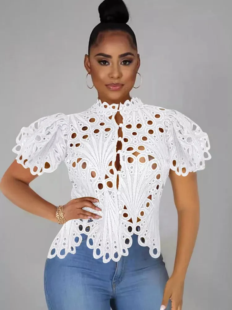 Women's Casual Short Lantern Sleeve Stand Up Collar Shirt Sexy Lace Hollow Out Shirt Blouse Chic Tops