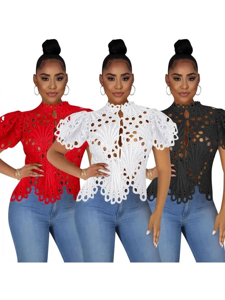 Women's Casual Short Lantern Sleeve Stand Up Collar Shirt Sexy Lace Hollow Out Shirt Blouse Chic Tops