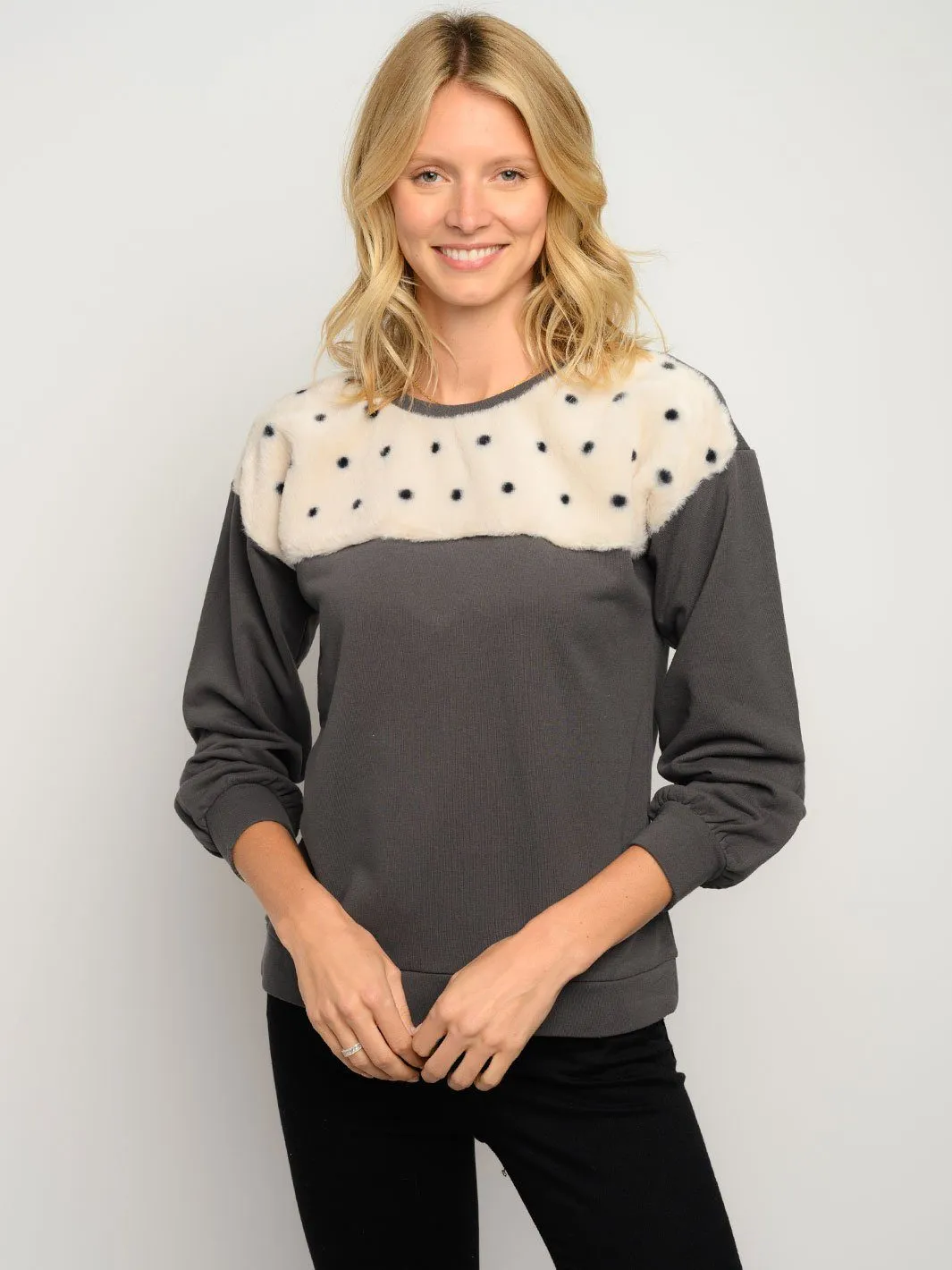 WOMEN'S FUZZY POLKA DOTS LONG SLEEVE SWEATER
