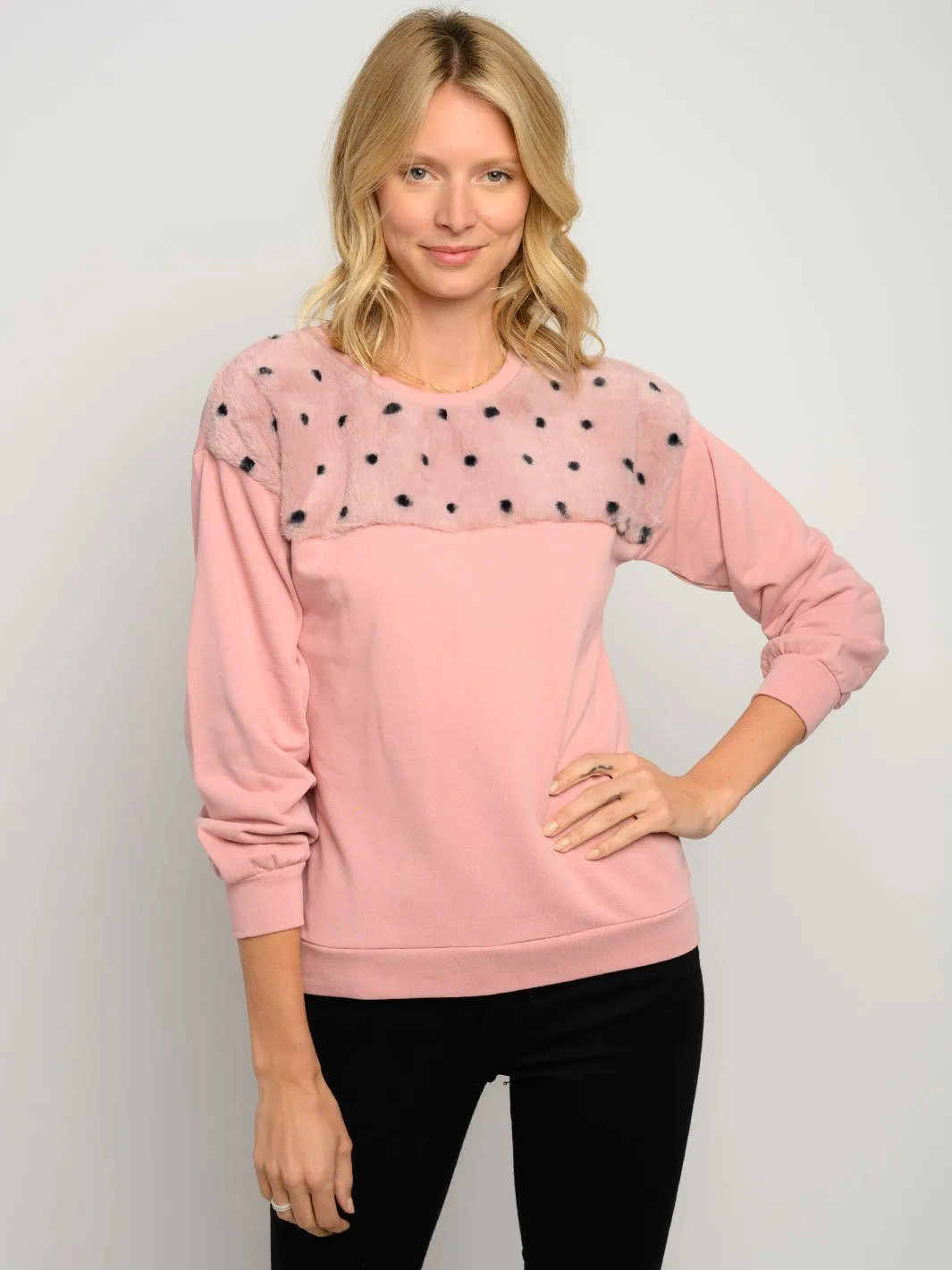 WOMEN'S FUZZY POLKA DOTS LONG SLEEVE SWEATER