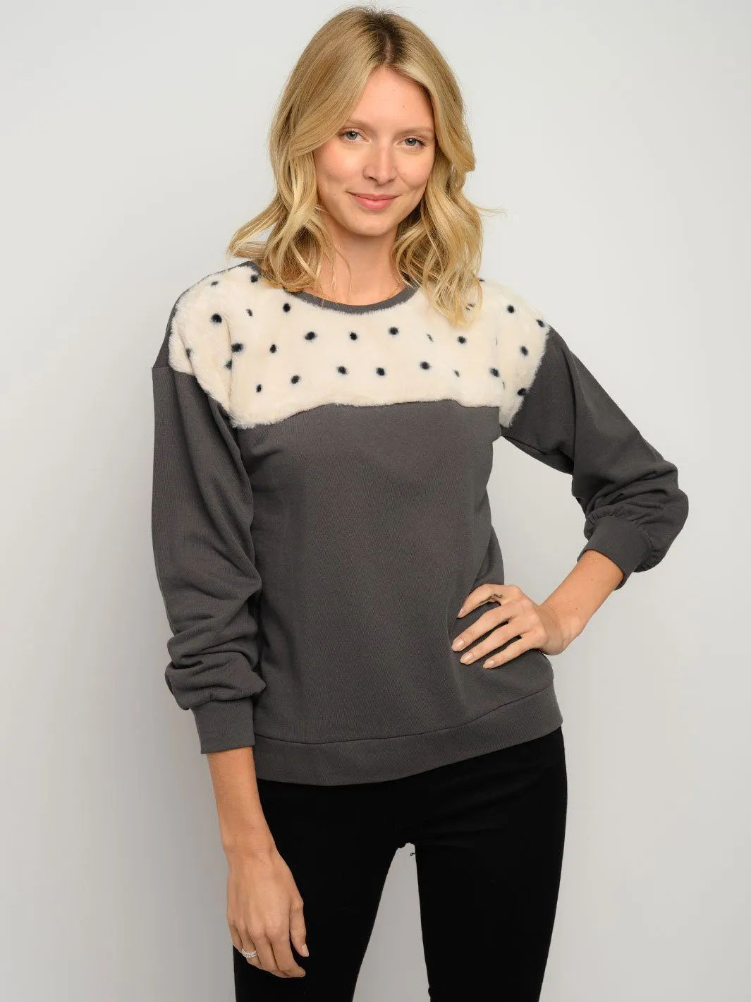 WOMEN'S FUZZY POLKA DOTS LONG SLEEVE SWEATER