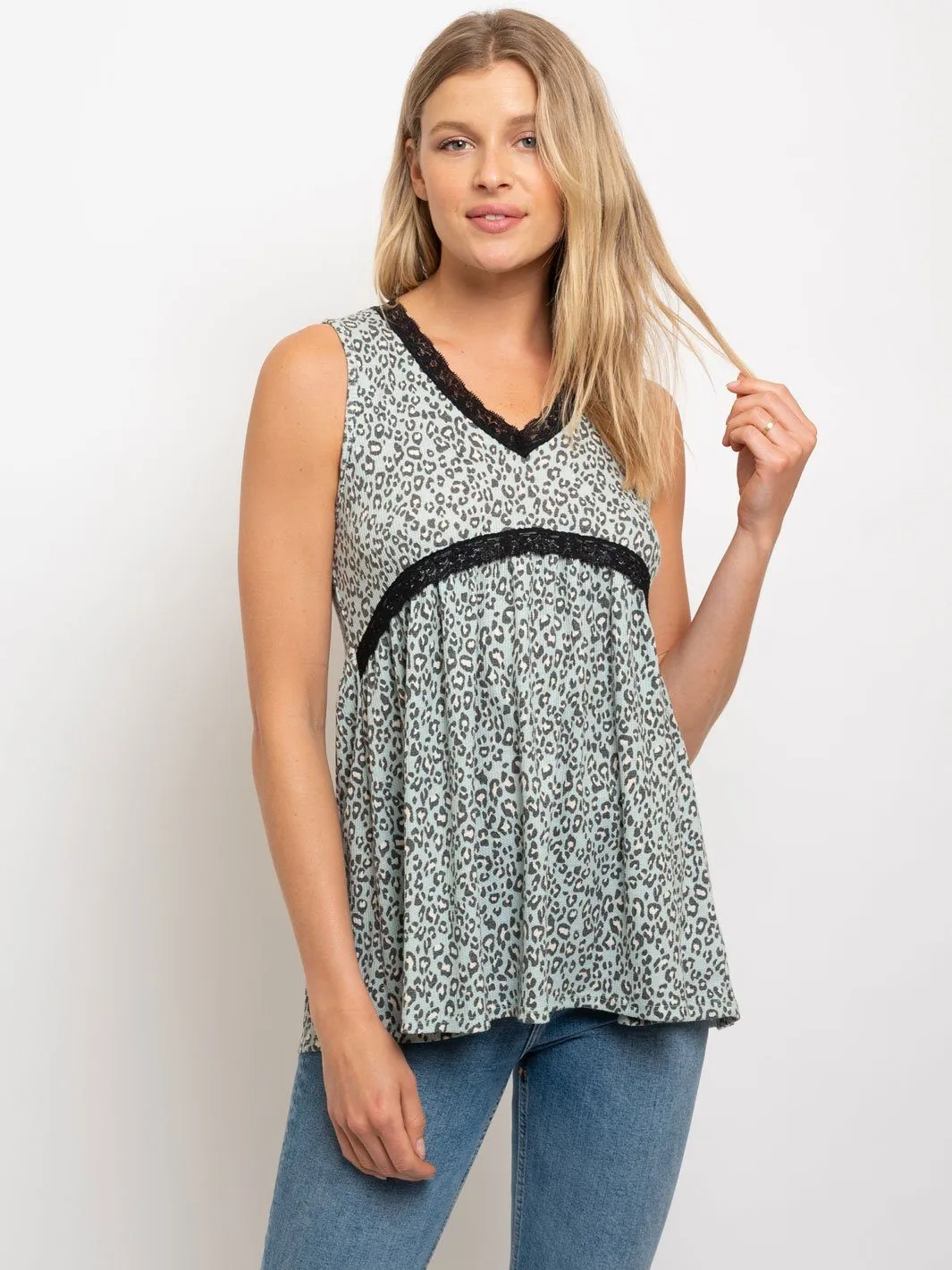 WOMEN'S LACE TRIM LEOPARD V-NECK SLEEVELESS TOP