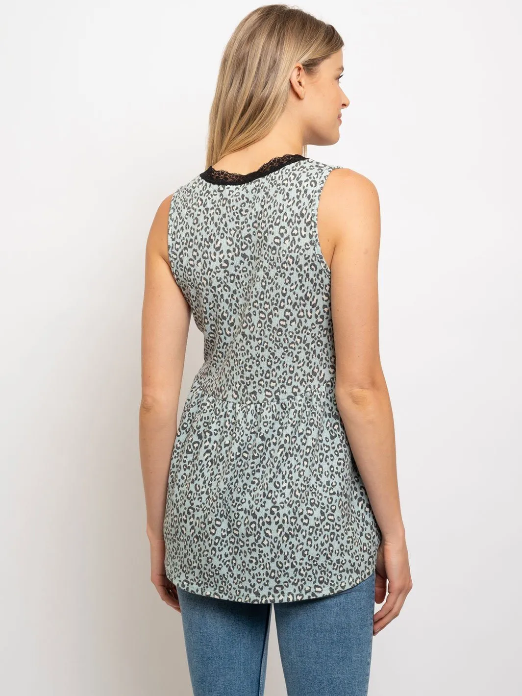 WOMEN'S LACE TRIM LEOPARD V-NECK SLEEVELESS TOP